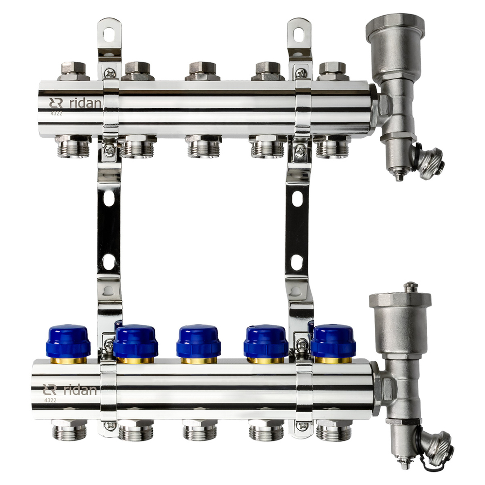Комплект коллекторов Ридан FHF-5R set с кронштейнами и воздухоотводчиками, 5 контуров