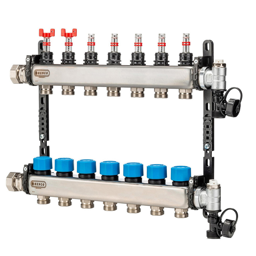 Коллектор HENCO из нержавеющей стали, расходомер, воздухоотводчик, дренаж и клапан, 1” - 7 x 3/4”