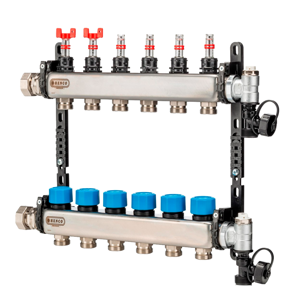 

Коллектор HENCO из нержавеющей стали, расходомер, воздухоотводчик, дренаж и клапан, 1” - 14 x 3/4”