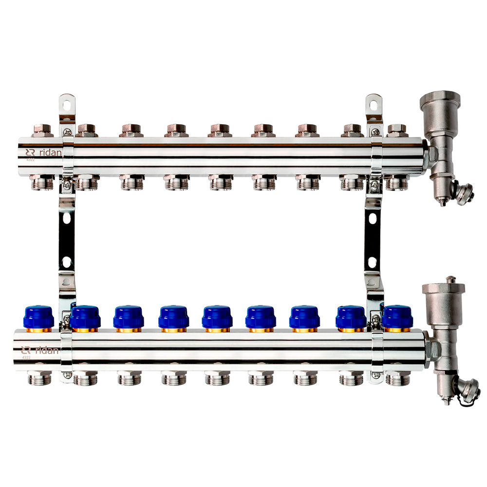 Комплект коллекторов Ридан FHF-9R set с кронштейнами и воздухоотводчиками, 9 контуров