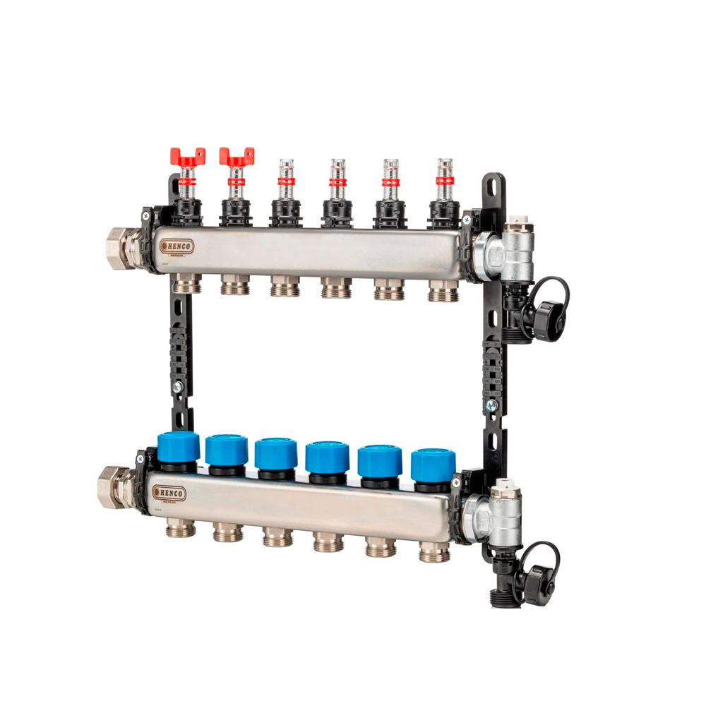 Коллектор HENCO из нержавеющей стали, расходомер, воздухоотводчик, дренаж и клапан, 1” - 3 x 3/4”